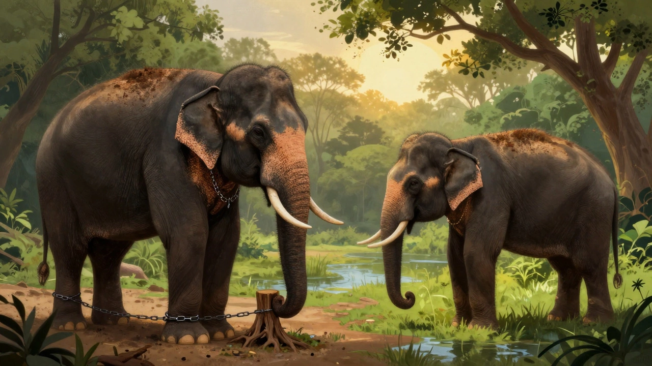 Split view showing chained elephant vs free roaming elephant