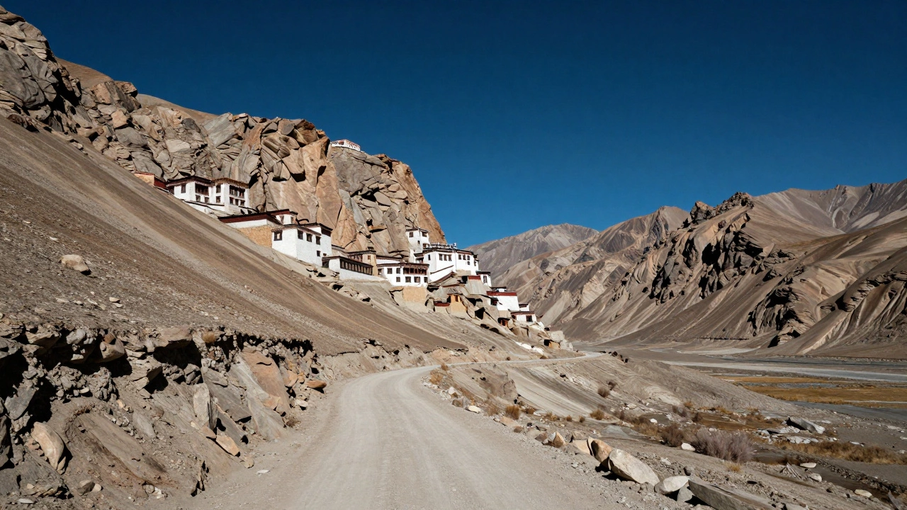 Stark desert landscape of Spiti Valley with monastery on cliff