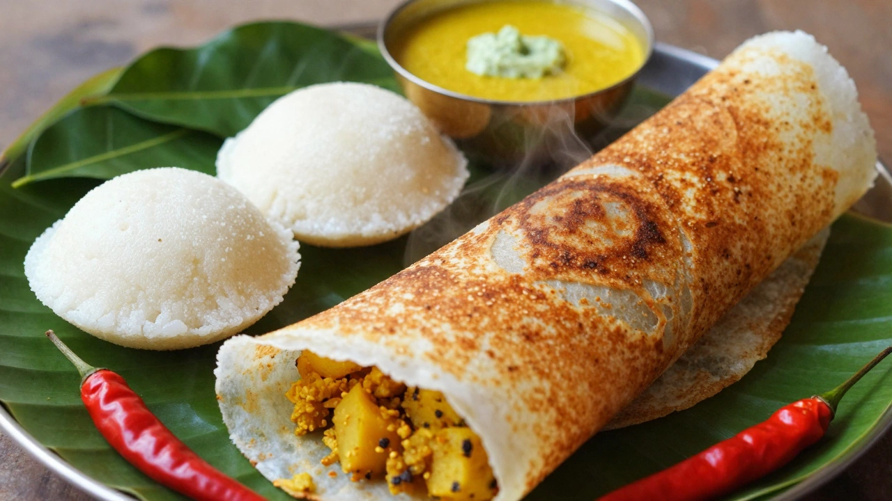 Steaming idli and crispy dosa served on a banana leaf with chutneys