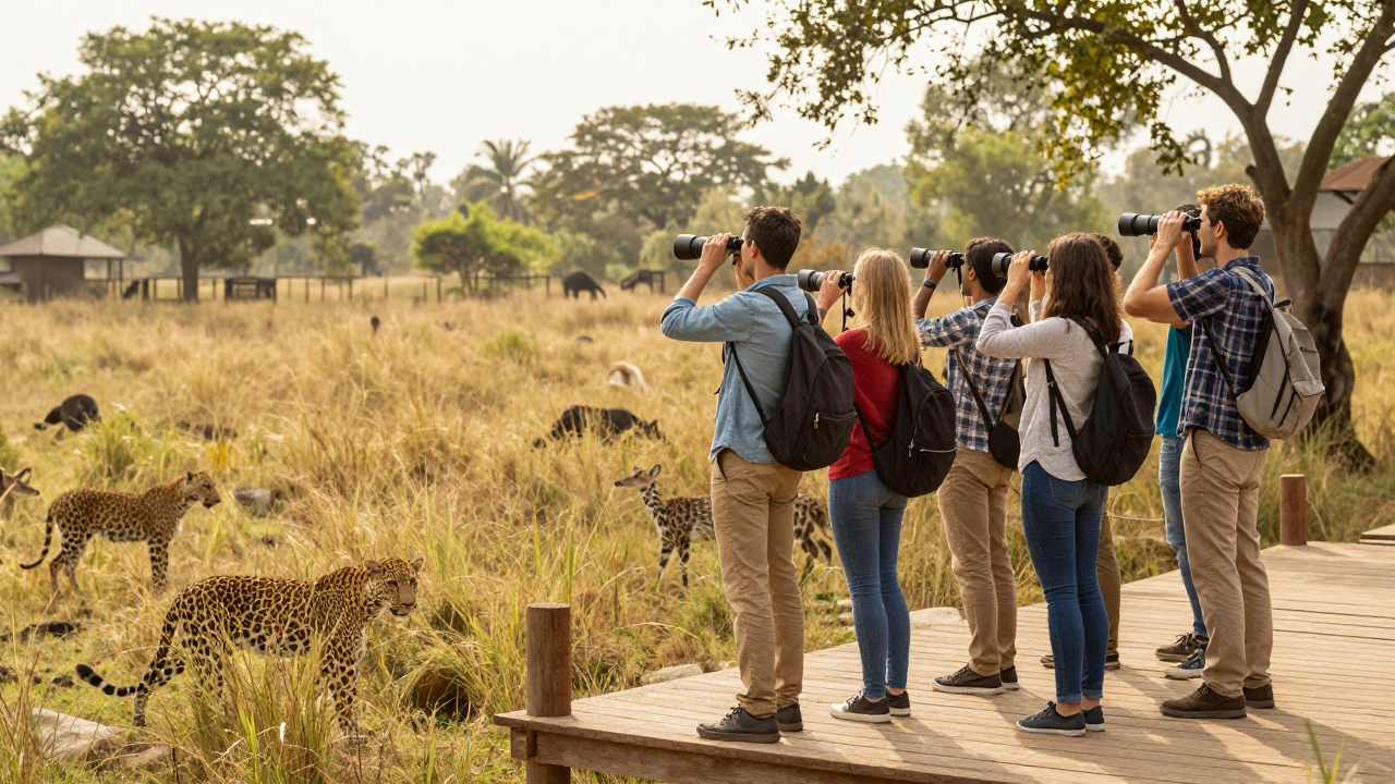 Tourists observing wild animals from distance at ethical sanctuary