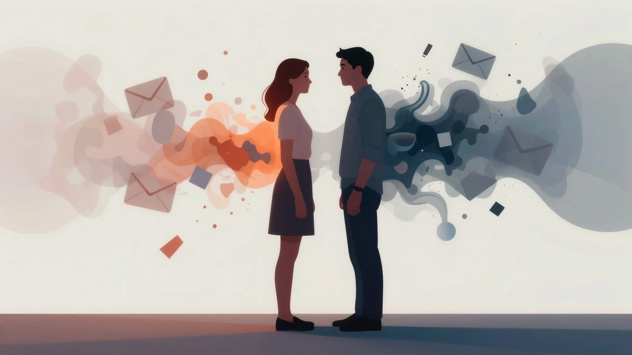 Abstract art of couple merging identities amidst fading distractions
