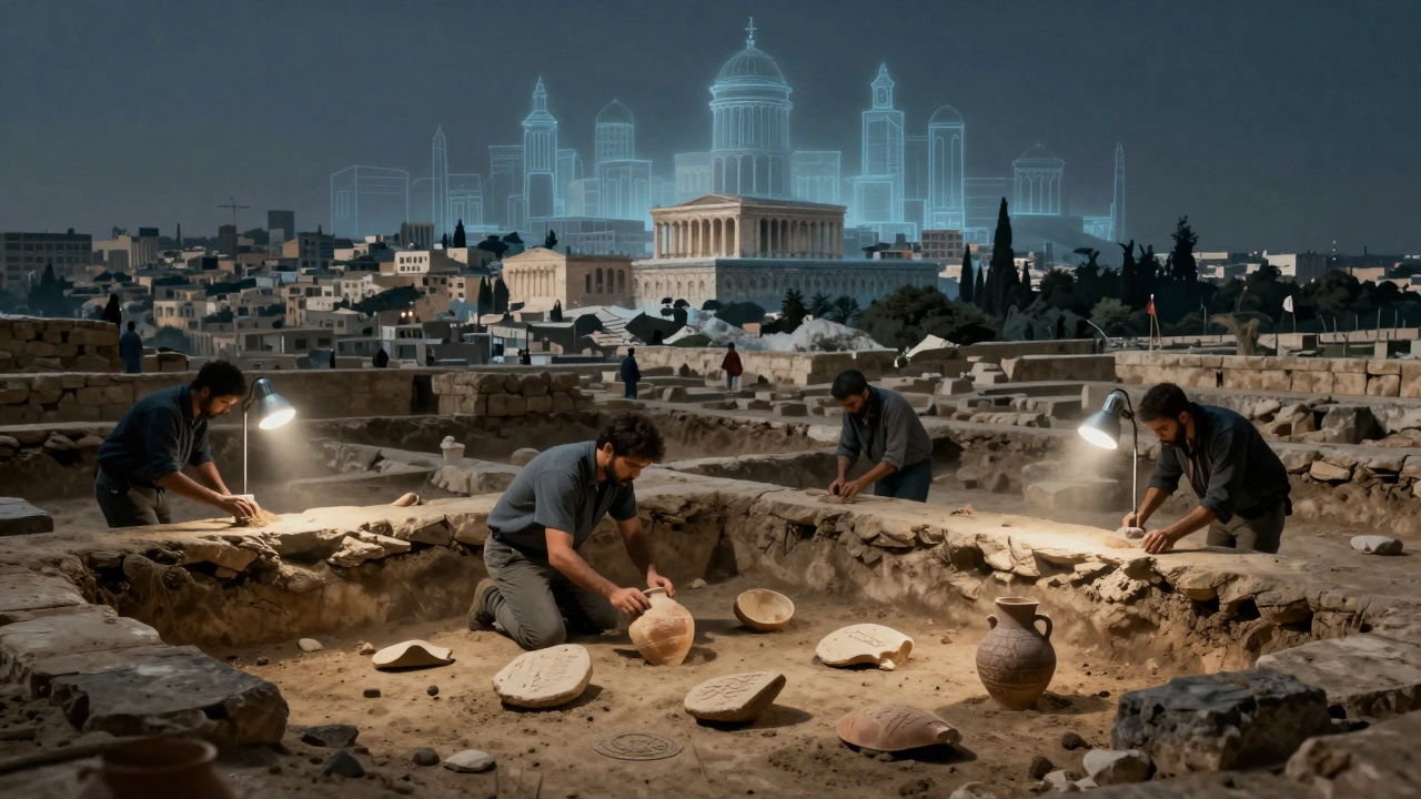 Archaeologists excavating artifacts near the Temple Mount perimeter