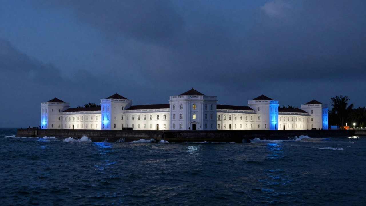 Cellular Jail in Port Blair illuminated at twilight with waves crashing nearby