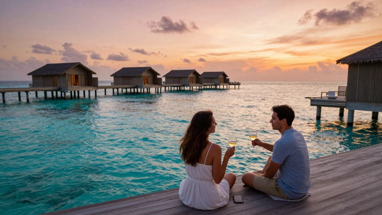 Couple relaxing privately on a secluded tropical bungalow deck