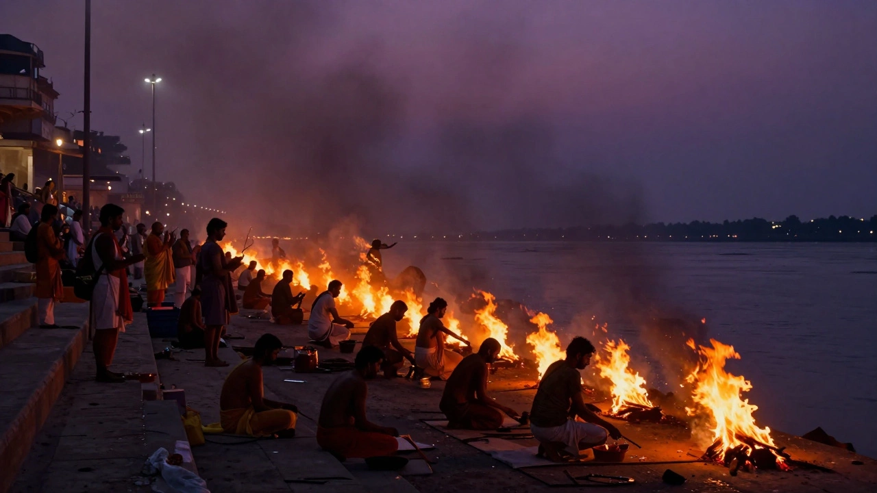 Cremation fires burning at Manikarnika Ghat in Varanasi during dusk