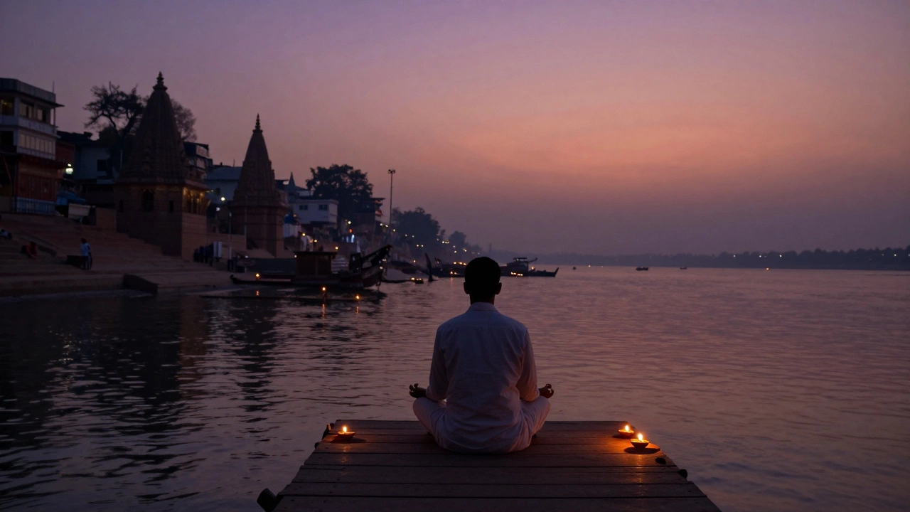 Person meditating by the Ganges river at twilight with floating lamps