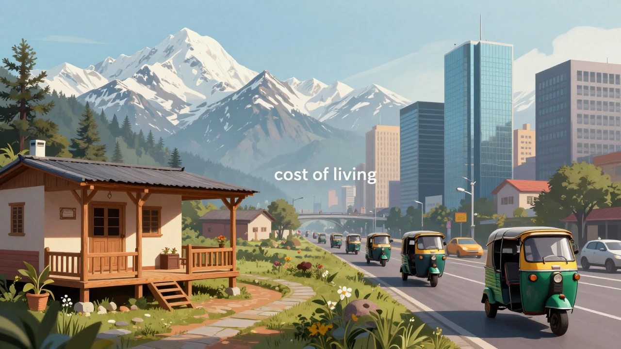 Split view comparing rural homestay and city skyline in India