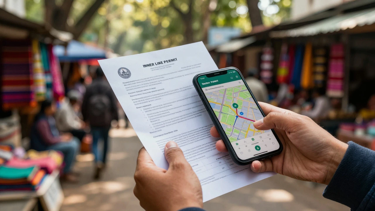 Tourist holding permit documents and map app in bustling Indian market