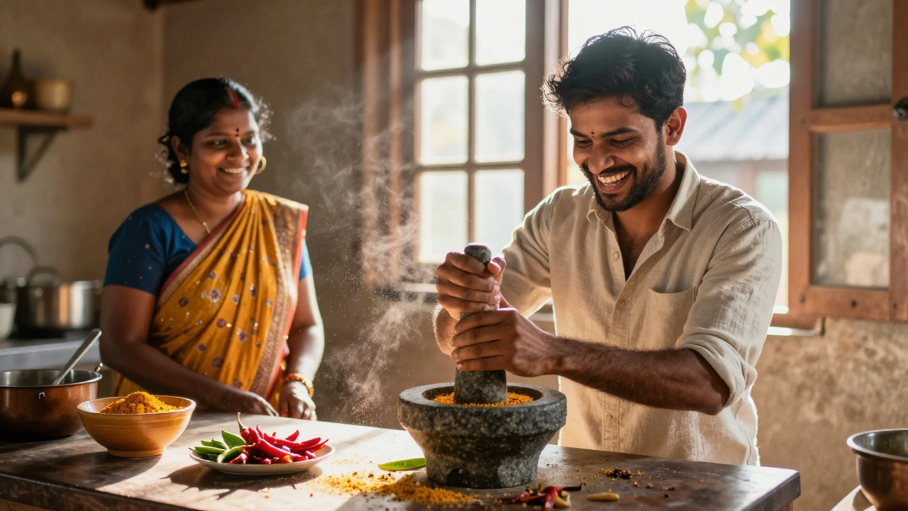 Tourist learning to cook traditional Indian food in a village kitchen