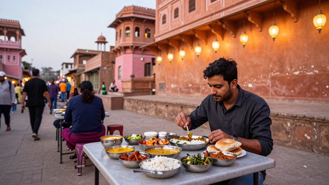 Traveler eating a colorful thali meal at an outdoor table in India