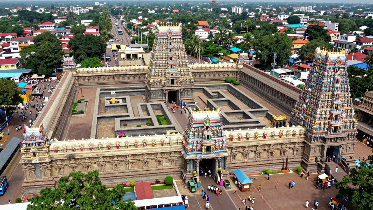 Aerial view of Sri Ranganathaswamy Temple complex with colorful gopurams