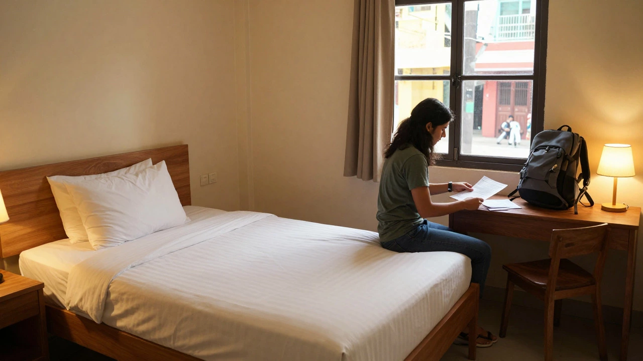 Clean hostel room interior with a traveler's backpack