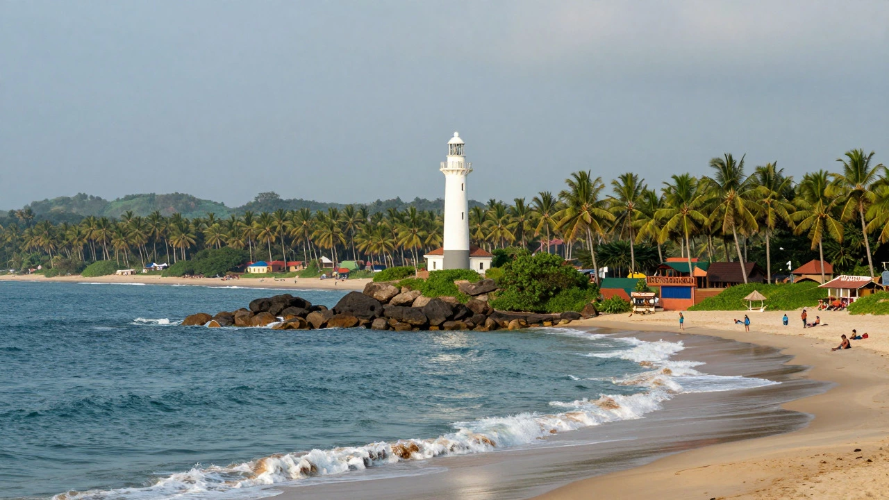 Kovalam Beach lighthouse with coconut palms and hills