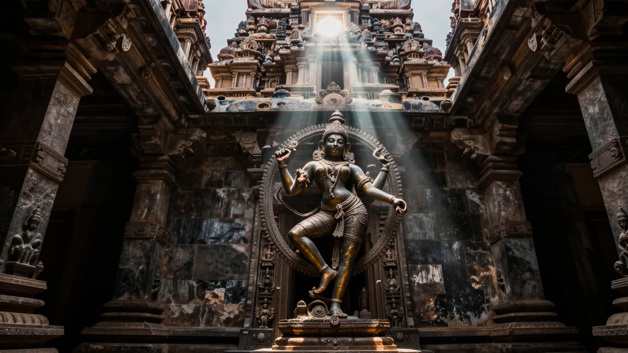 Nataraja statue illuminated by sunlight inside Brihadeeswarar Temple