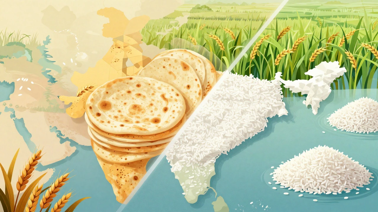 Split composition showing wheat fields and rotis versus rice paddies and grains