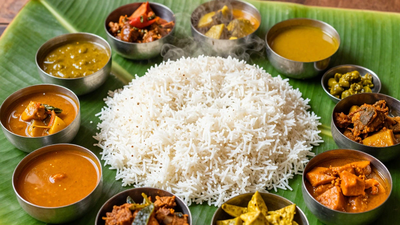 Steaming white rice served on a banana leaf with side dishes in South India