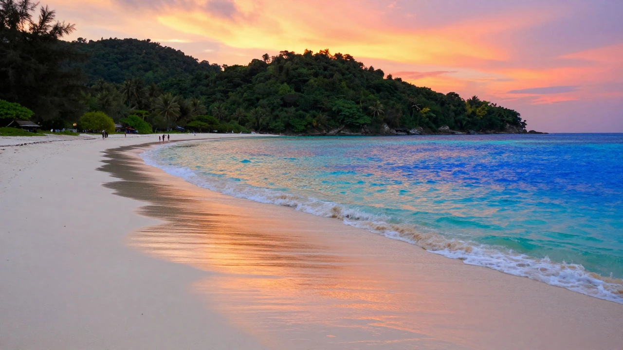 Sunset at Radhanagar Beach with turquoise water transitioning to deep blue against jungle hills