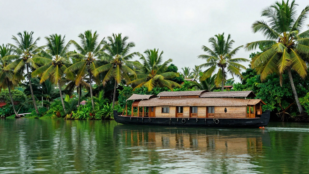 Traditional wooden houseboat floating on the calm backwaters of Alleppey, Kerala