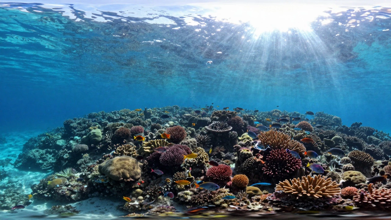 Underwater view of colorful coral reefs and tropical fish in clear blue water at Jolly Buoy Island