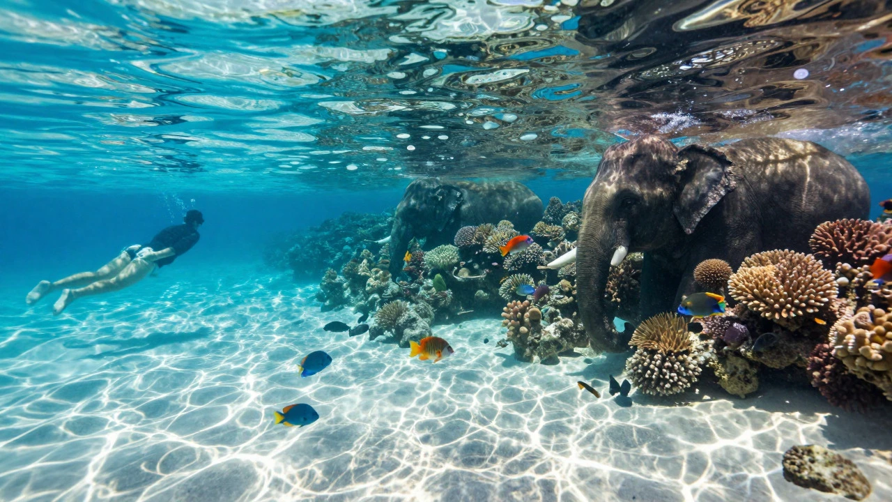 Underwater view of coral reefs and fish at Elephant Beach