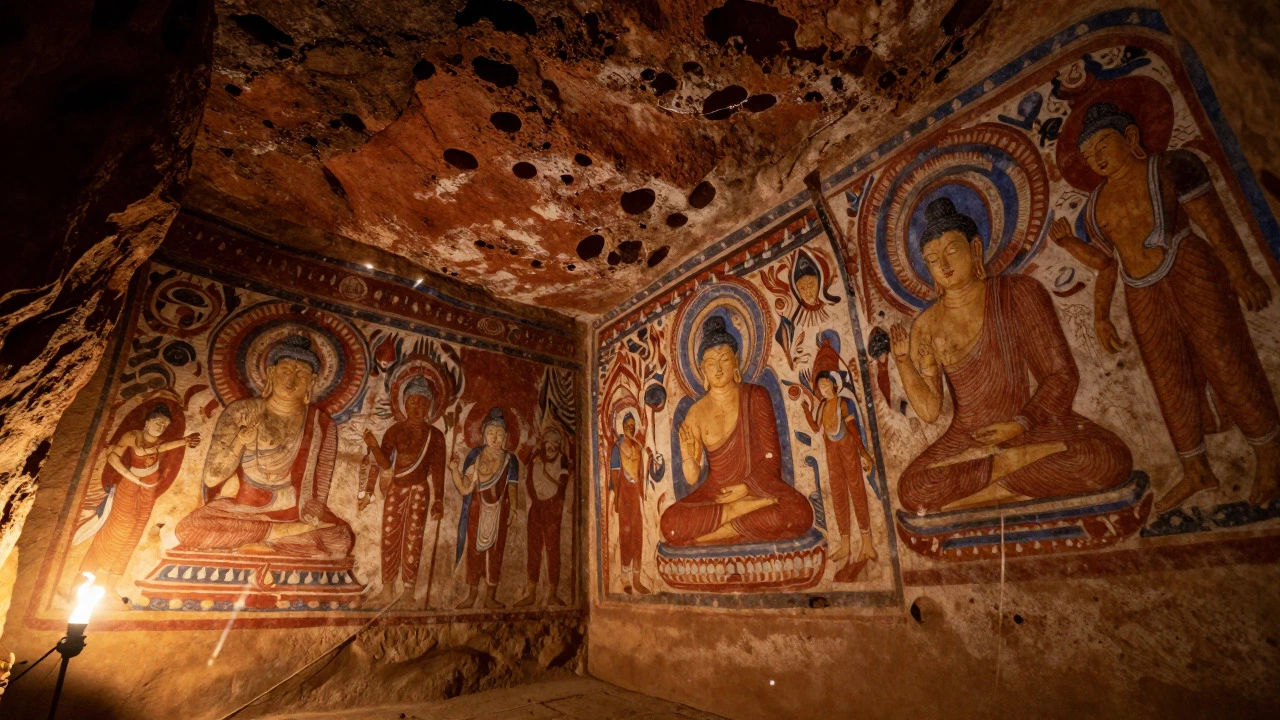 Vibrant ancient frescoes inside Ajanta Caves