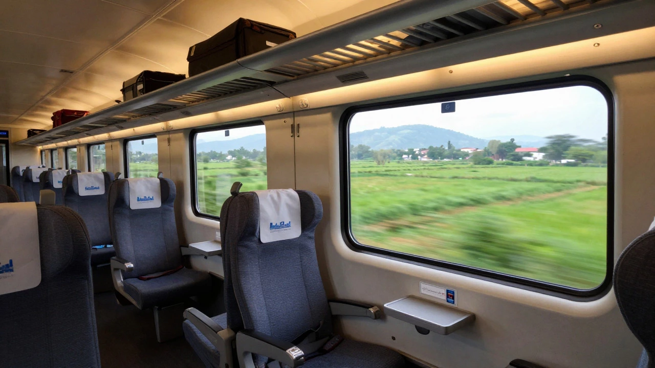 View from inside a moving train showing green countryside passing by the window
