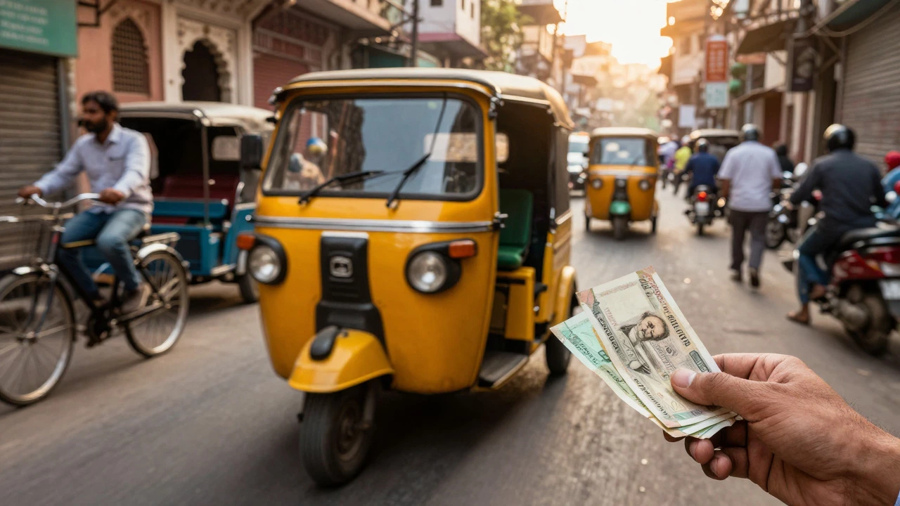 Yellow auto-rickshaw driving through a busy Indian street