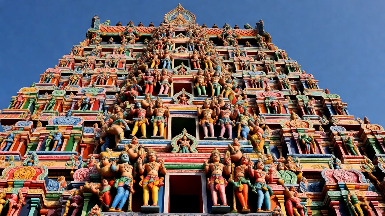 Colorful detailed stucco sculptures on Madurai temple gopuram