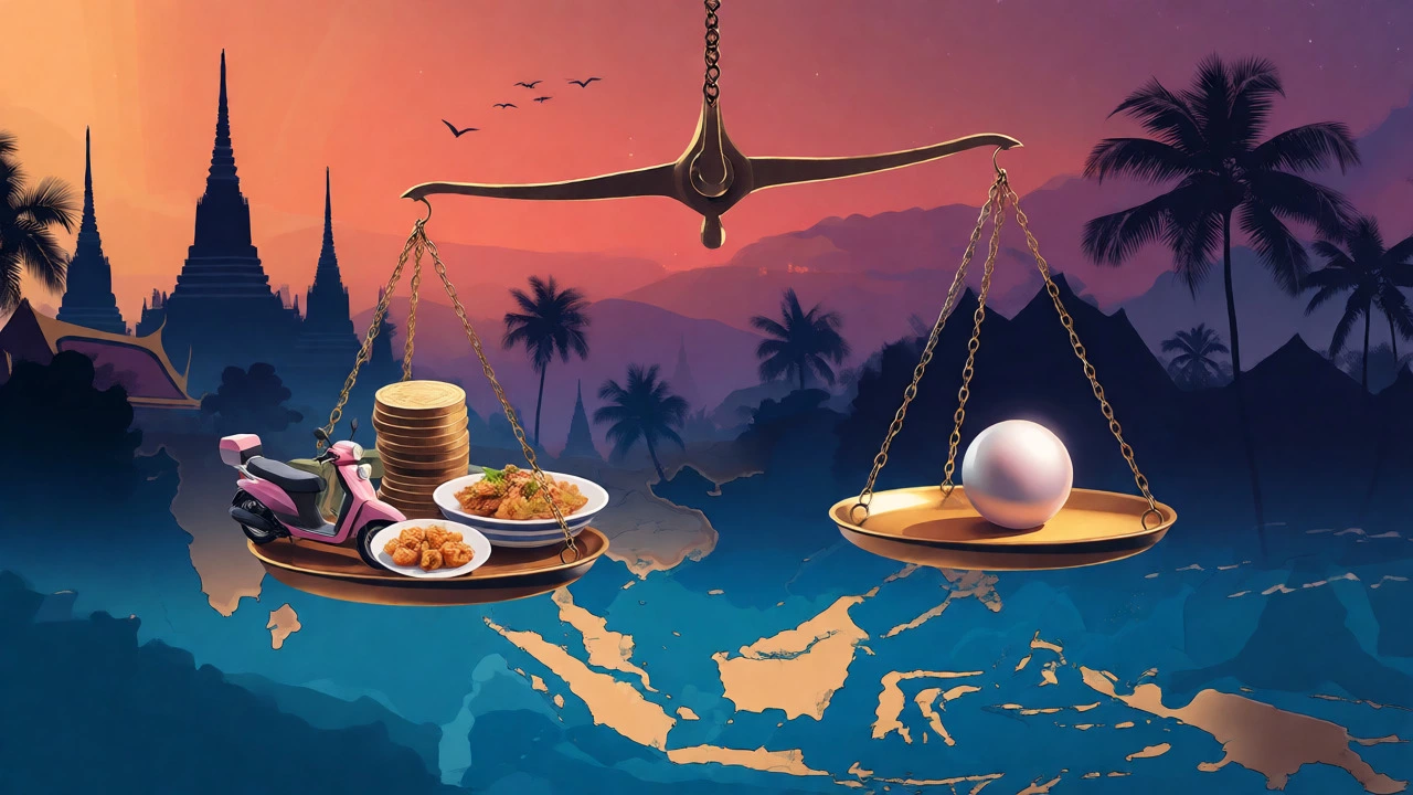 Conceptual balance scale weighing Thai affordability against Maldives luxury