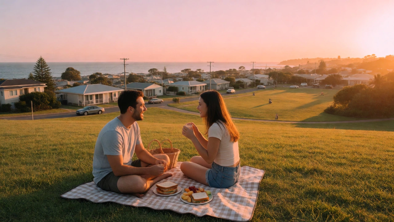 Couple having a picnic on a hill overlooking a coastal town