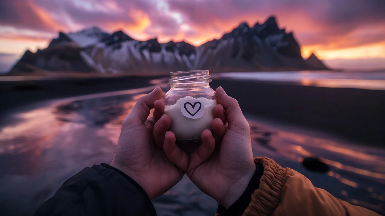Couple holding hands on Icelandic beach with savings jar