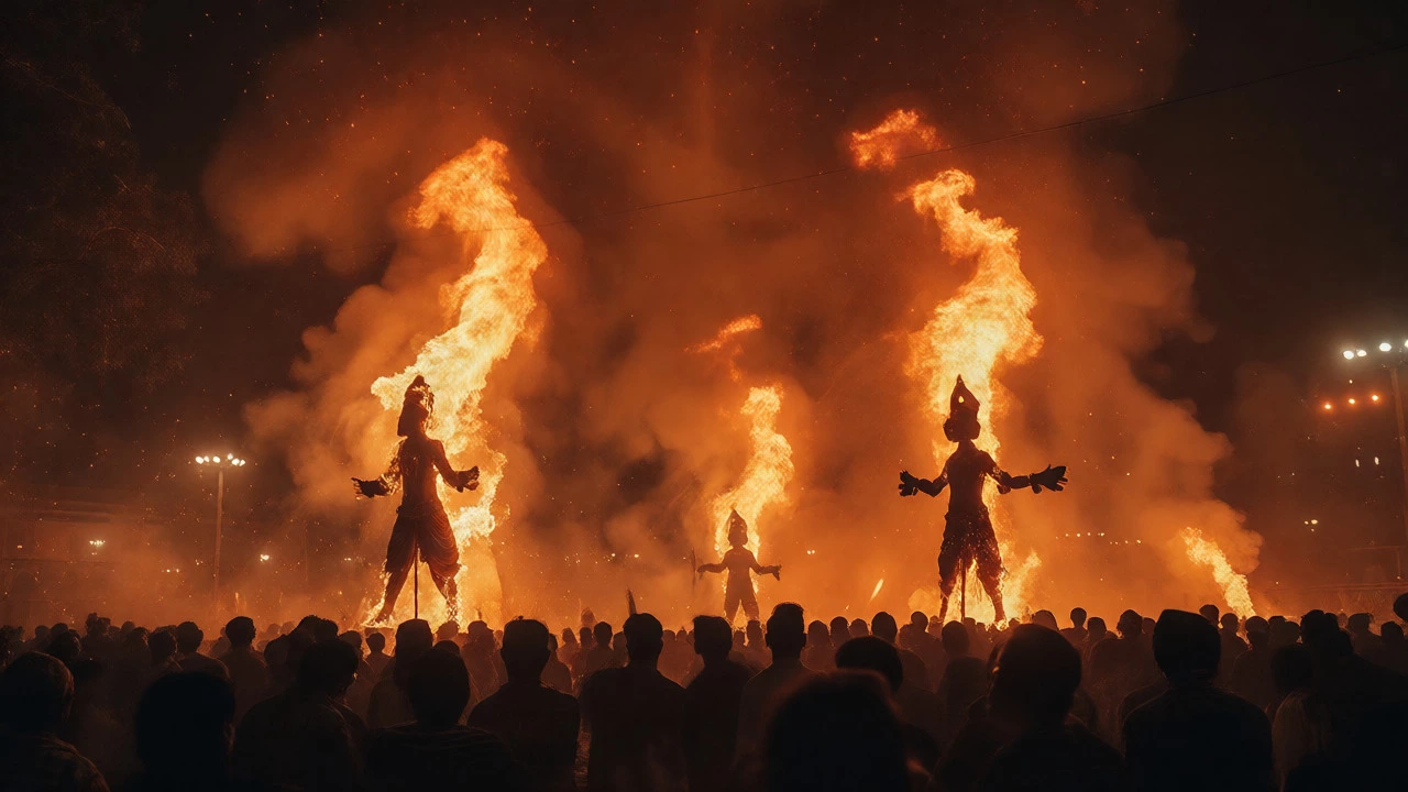 Crowd watching large effigies burn amidst smoke and fireworks during Diwali celebrations.