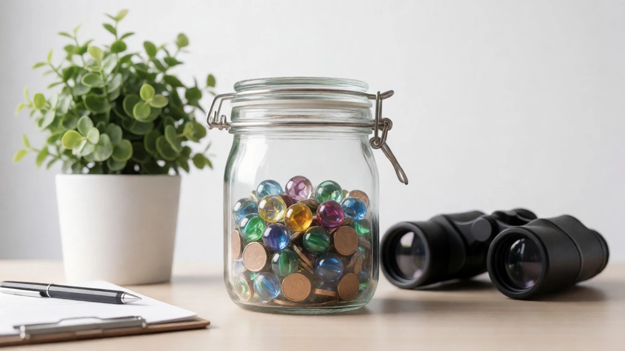 Glass jar filled with savings coins next to travel items