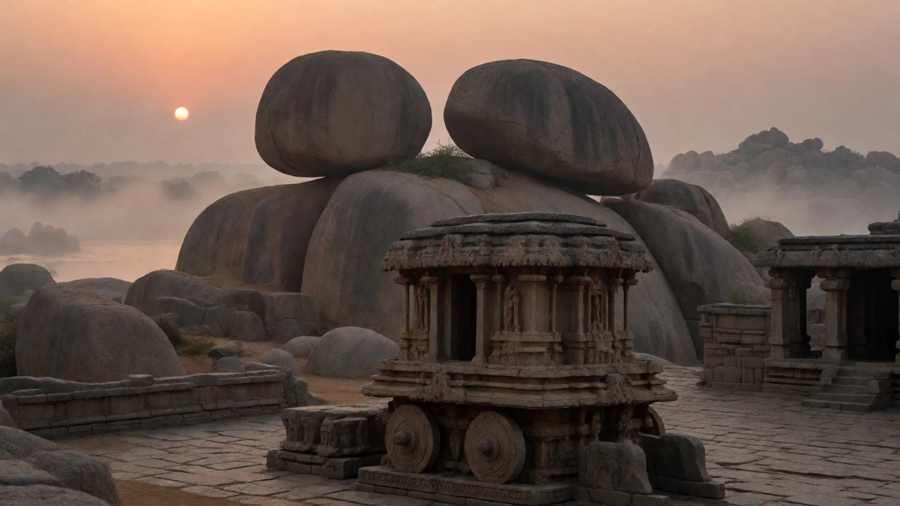 Hampi's stone chariot amidst giant boulders and morning mist