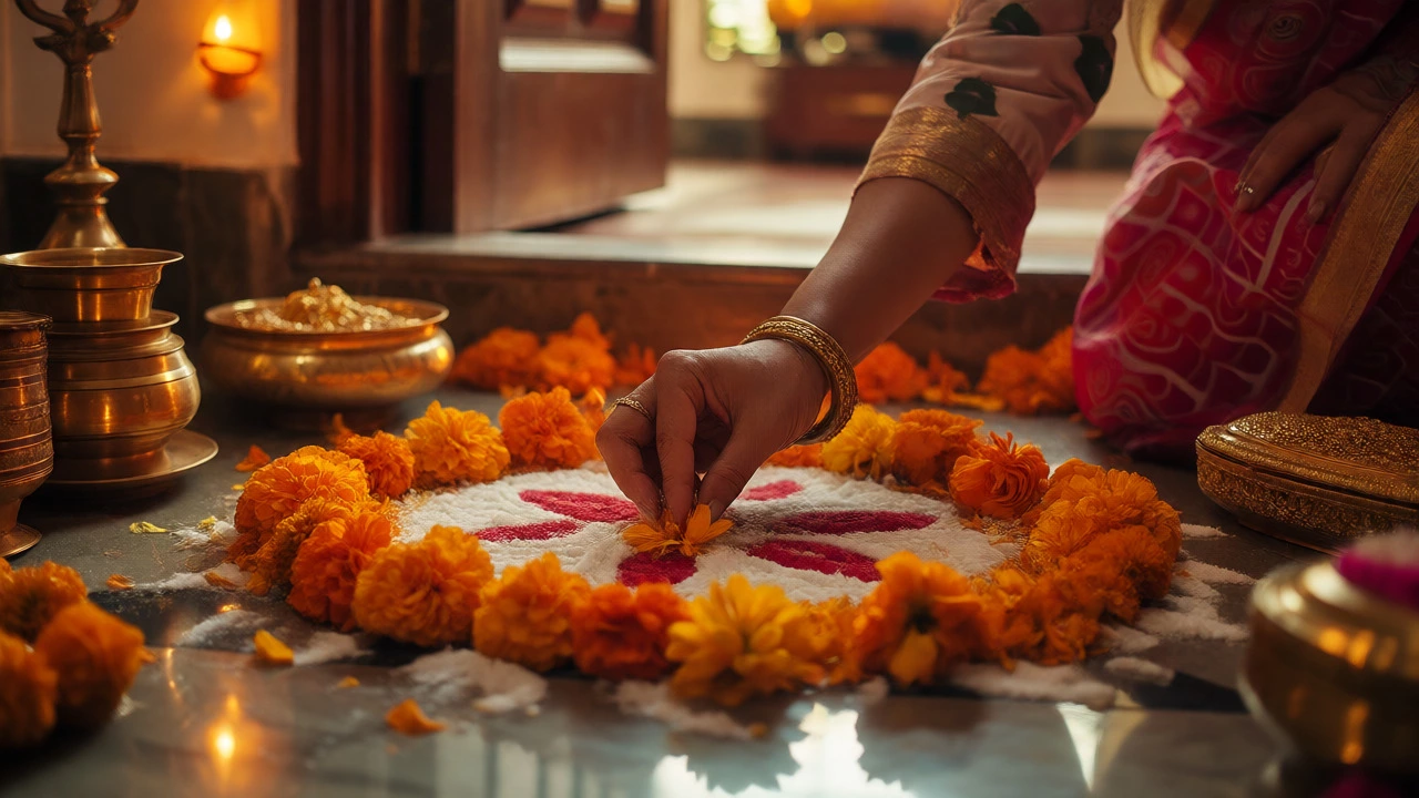 Hands arranging colorful marigold petal rangoli at a home entrance during Diwali preparations.