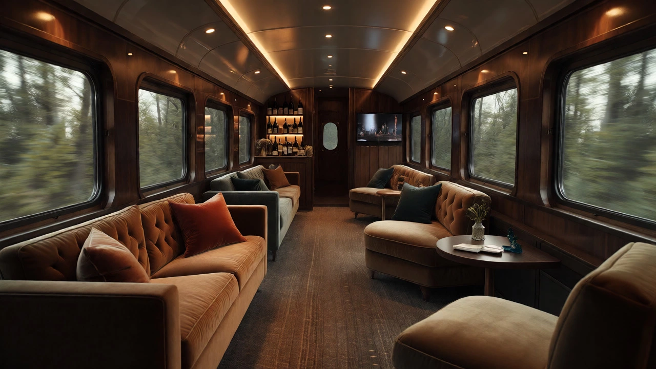 Luxurious private rail suite with plush seating and scenic views in motion.
