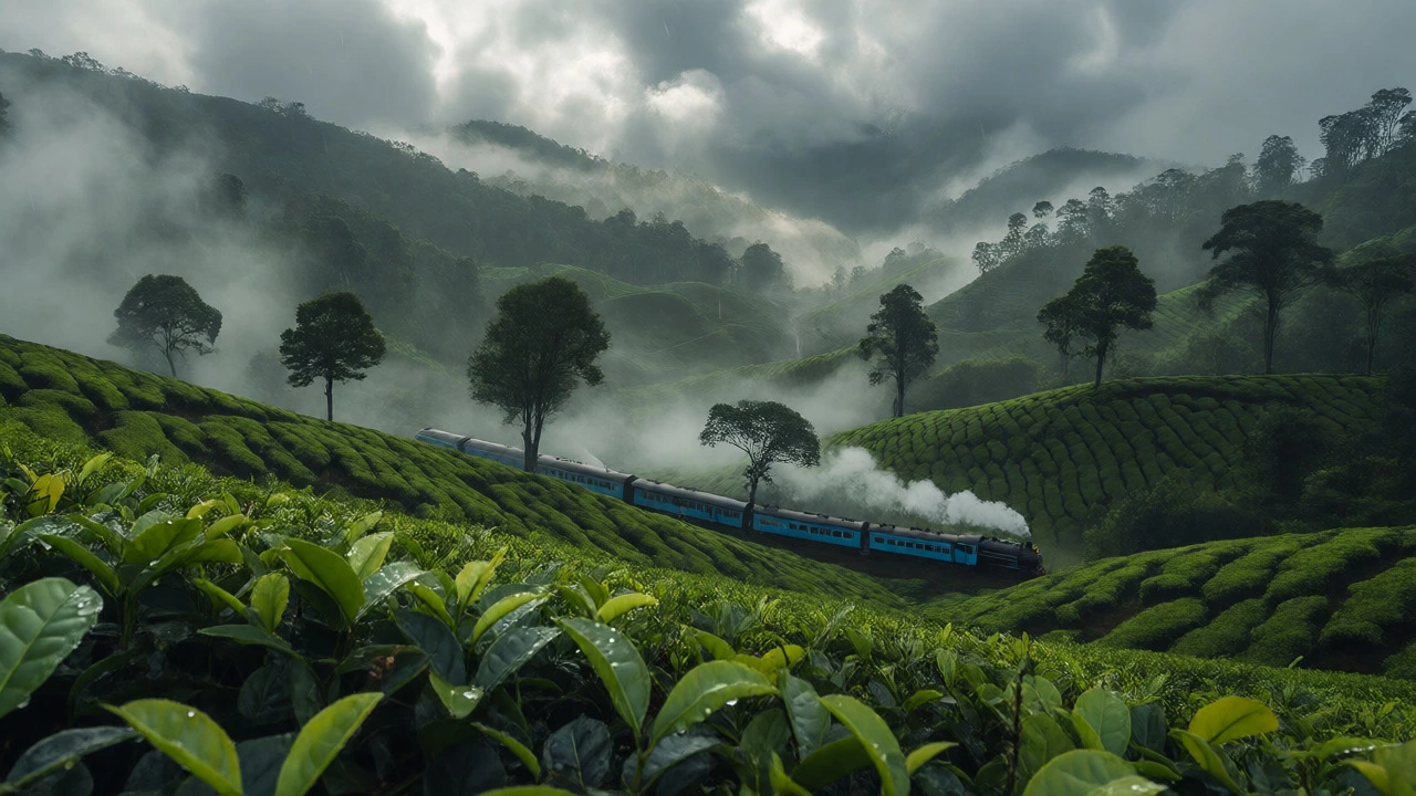 Misty Nilgiri tea plantations with a steam train during monsoon