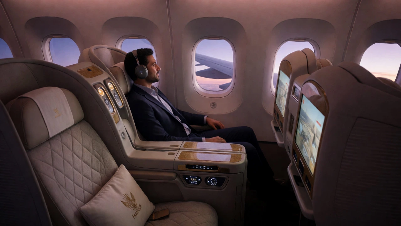 Passenger relaxing in a luxurious private business class suite on an aircraft