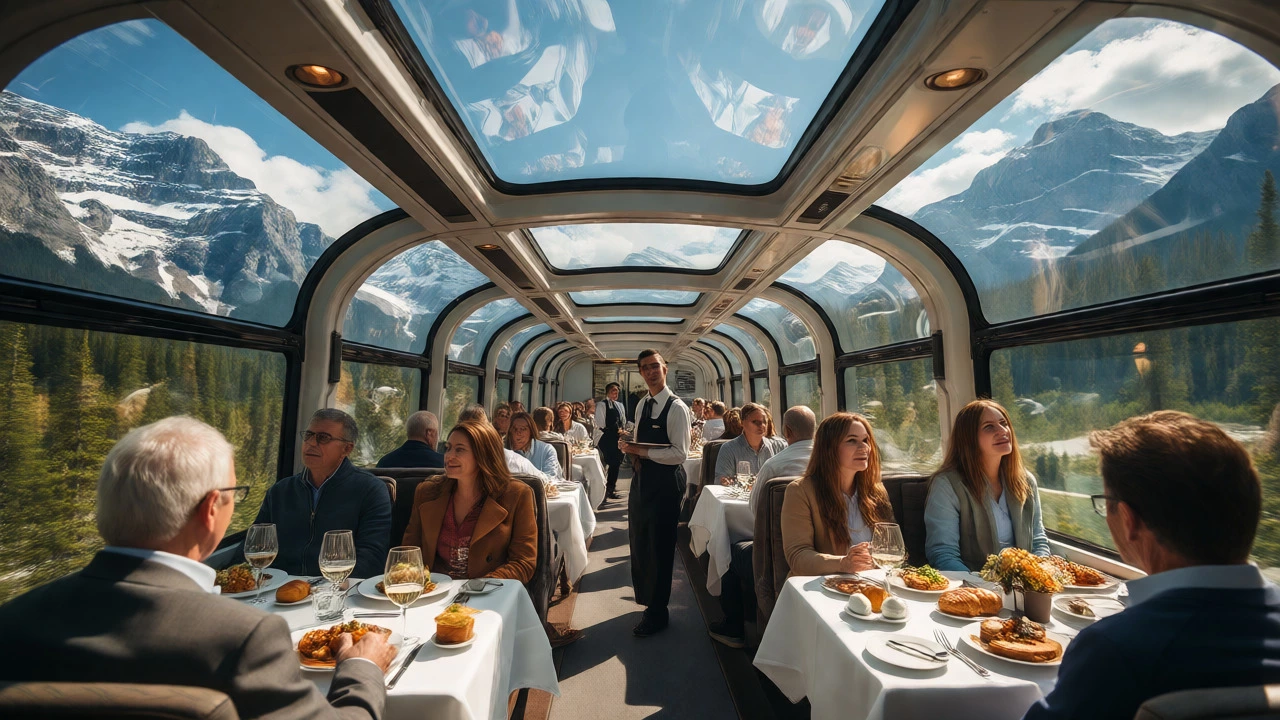 Passengers dining under the glass dome of a Rocky Mountaineer scenic train.