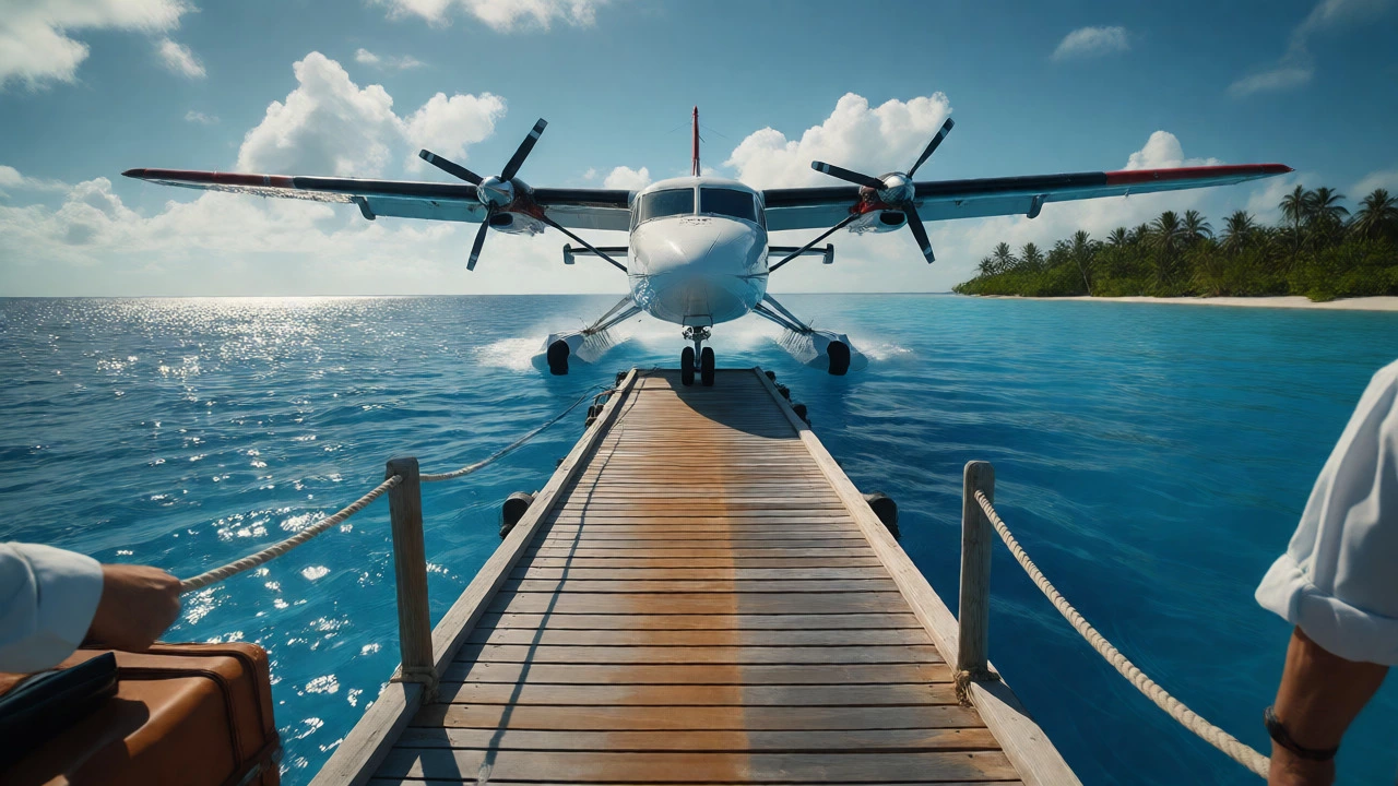 Seaplane arriving at a luxury Maldives resort island via wooden jetty