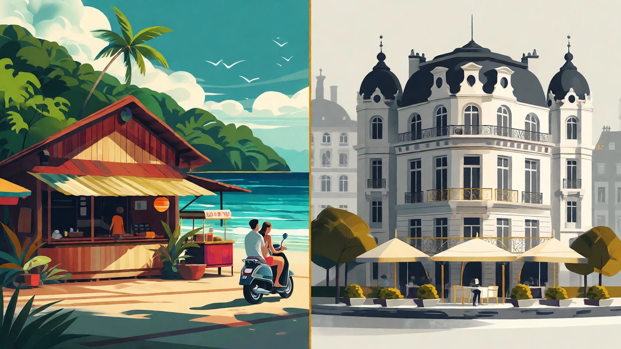 Split image comparing budget tropical vs luxury city honeymoons
