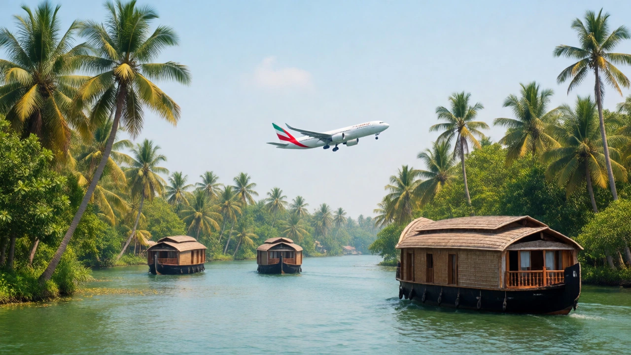 Traditional houseboats on Kerala backwaters with a plane flying overhead