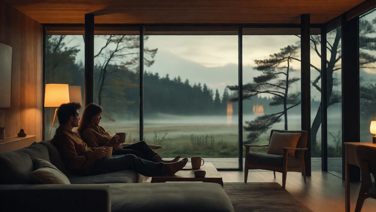 Couple relaxing in a hotel room with a scenic view