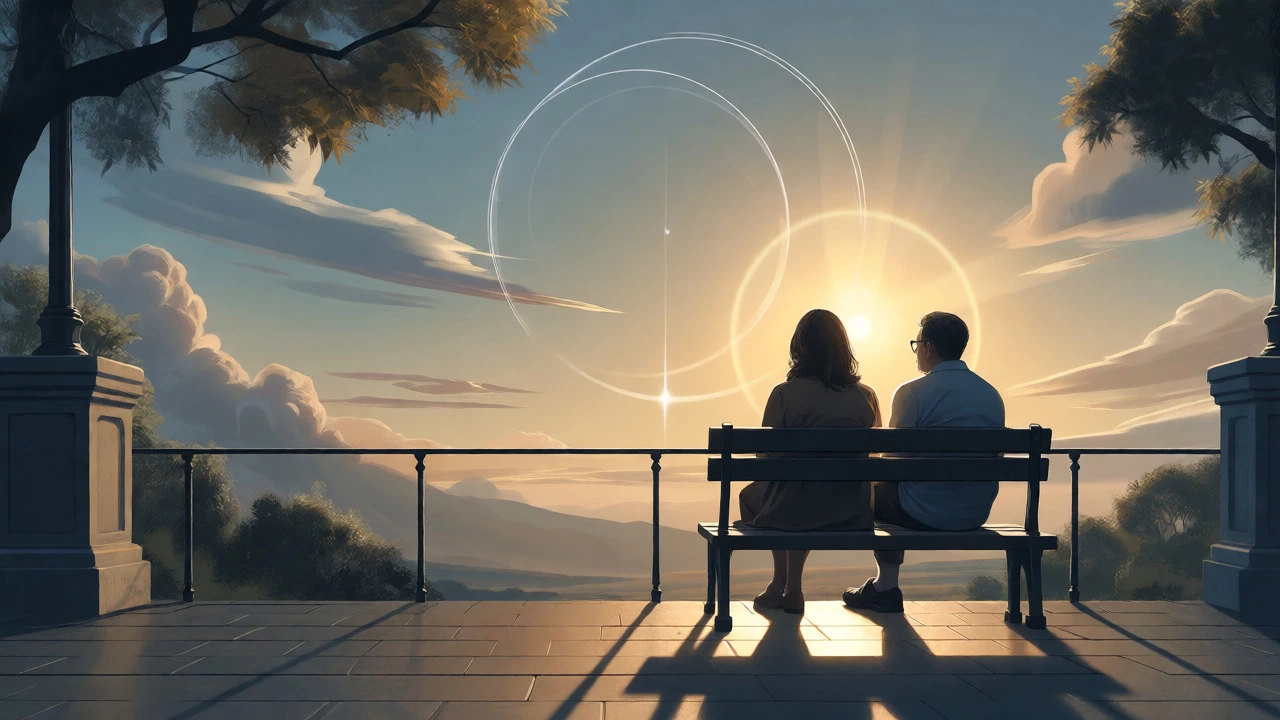 Couple sitting on a bench looking at the horizon thoughtfully