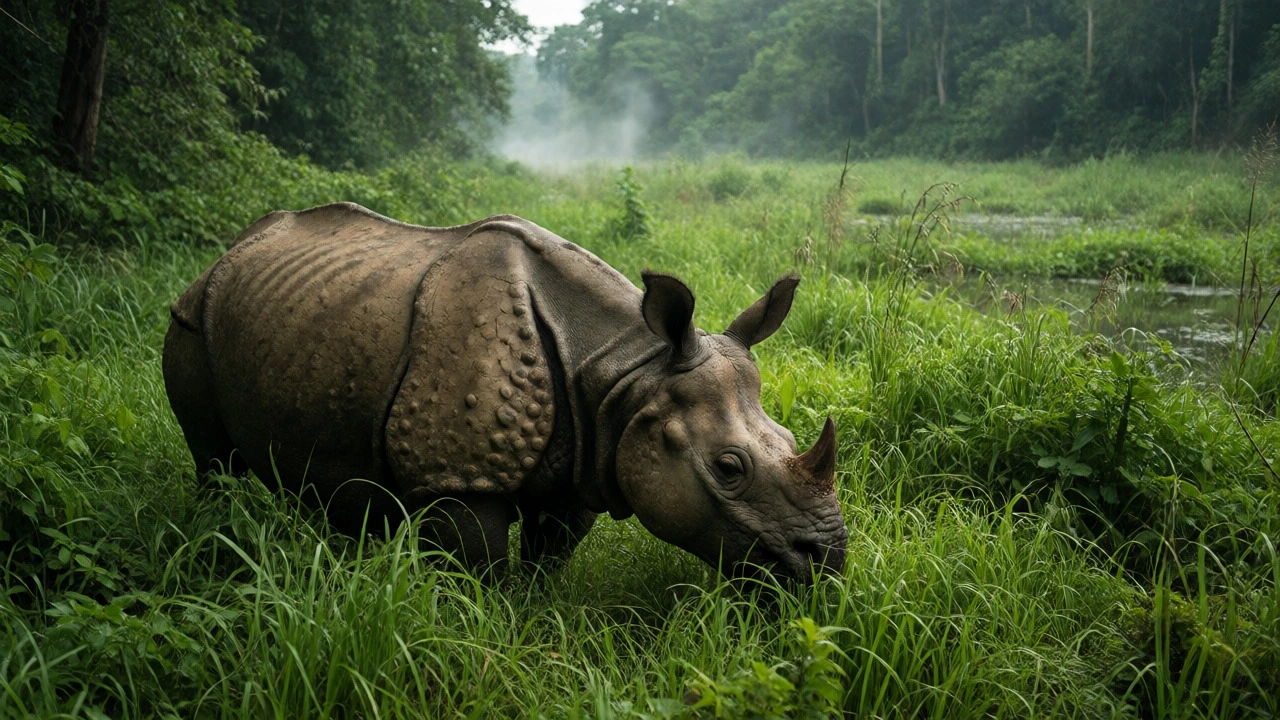 Greater one-horned rhinoceros grazing in the lush wetlands of Chitwan National Park