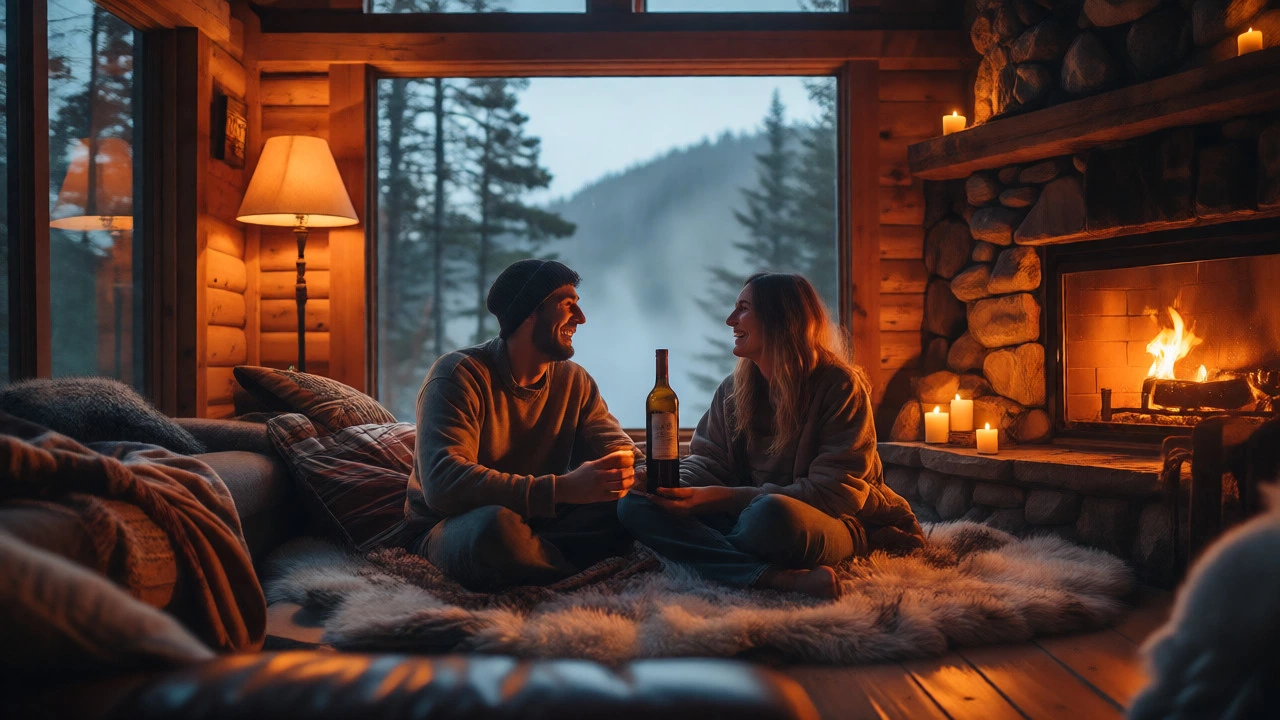 Intimate moment for a couple in a cozy mountain cabin by the fireplace
