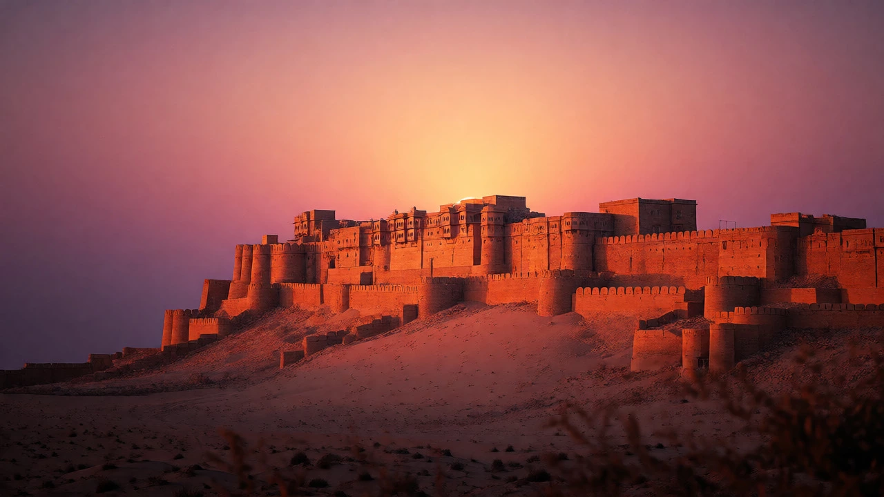 Jaisalmer Fort glowing orange at sunset in the Thar Desert