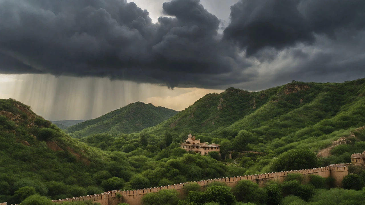 Lush green Aravalli hills near Jaipur under heavy monsoon storm clouds