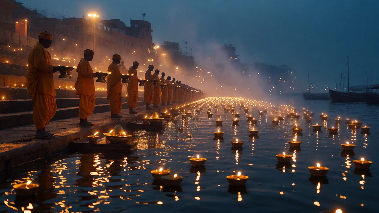 Priests performing Ganga Aarti with floating lamps on the Ganges River in Varanasi.