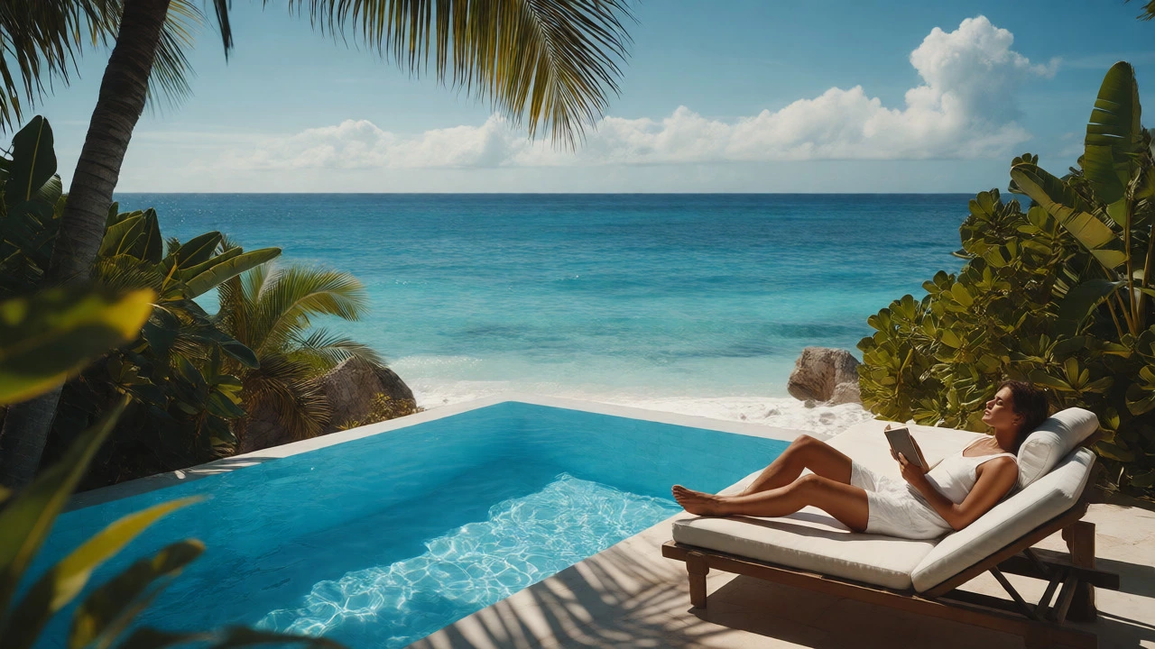 Relaxed couple enjoying downtime by an infinity pool at a coastal resort